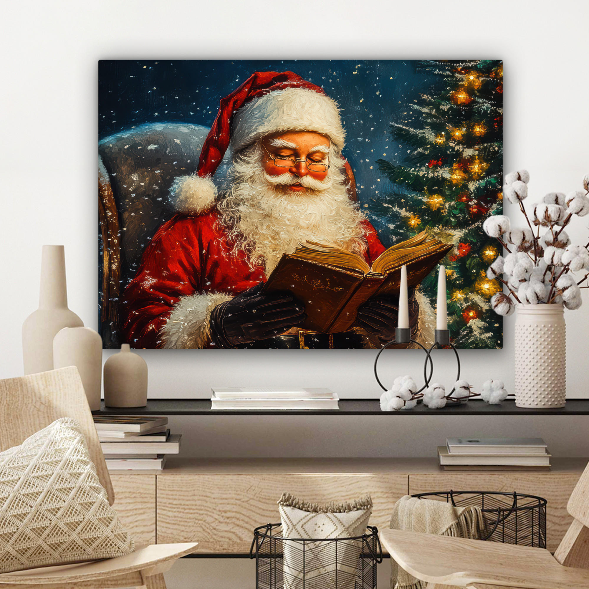 LEINWANDBILD Weihnachtsmann - Weihnachten - Winter - Weihnachtsbaum Wandbilder 80x60 cm - Bordeaux, Textil (80/60cm) - MuchoWow