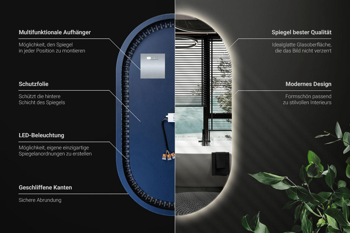 LED-SPIEGEL 46x80 cm Asymmetrisch Neutralweiß 4000K - Hellblau, Glas (46/80/0.4cm) - Wallfluent