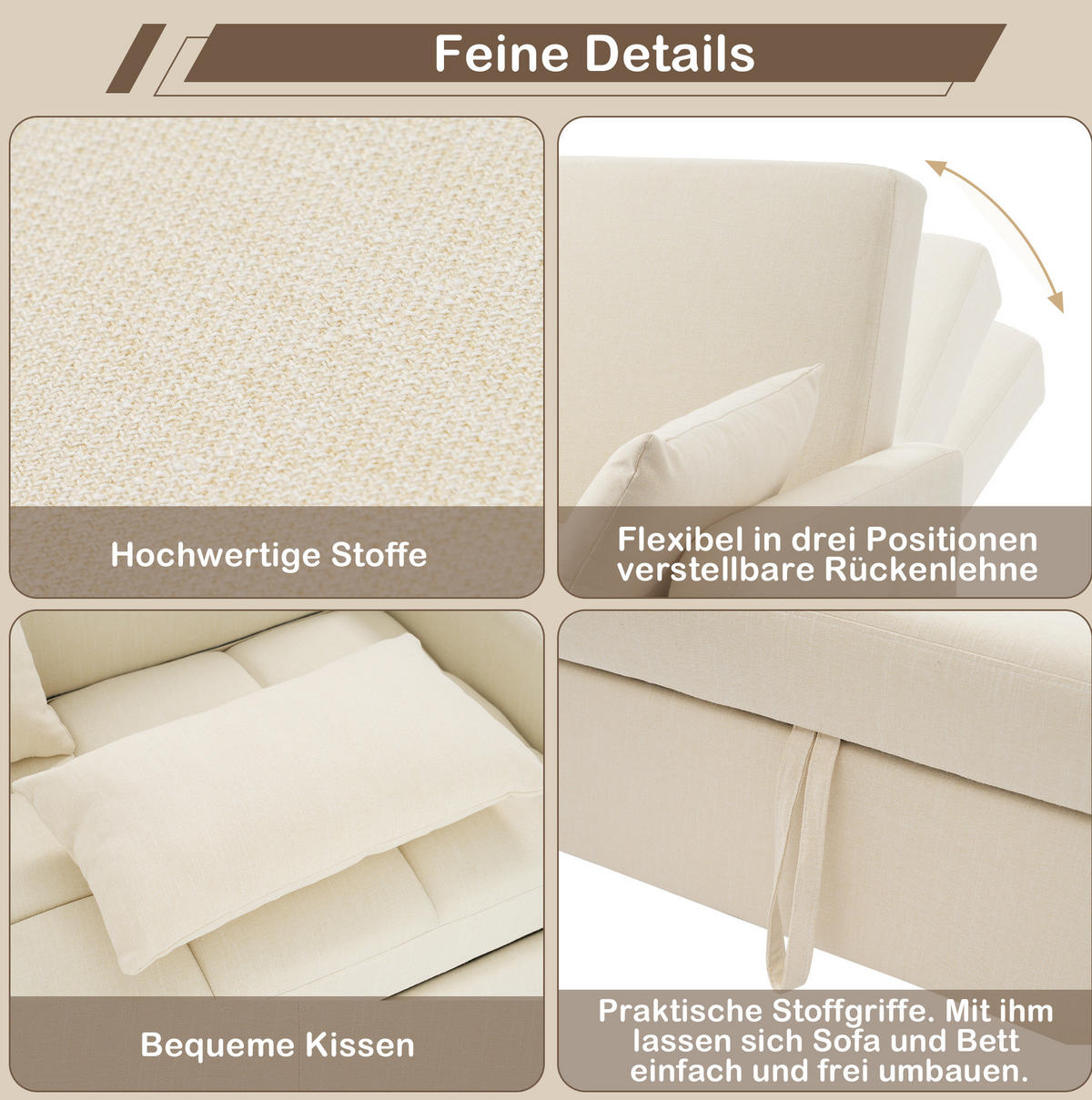 SCHLAFSOFA Klappsofa Baumwolle-Leinen mit verstellbarer Rückenlehne Beige 127/75/94 cm - Beige, Textil (75/94/127cm) - Redom