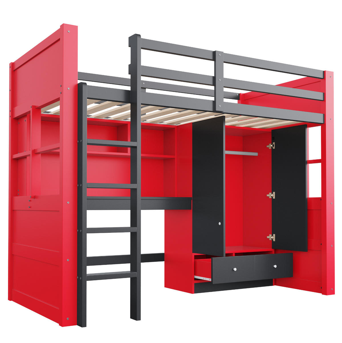 HOCHBETT 90/200 cm aus Holz mit LED-Beleuchtung Steckdosen Kleiderschrank und Schubladen Schwarz und Rot - Rot, Holz (90/200cm) - Modenvie