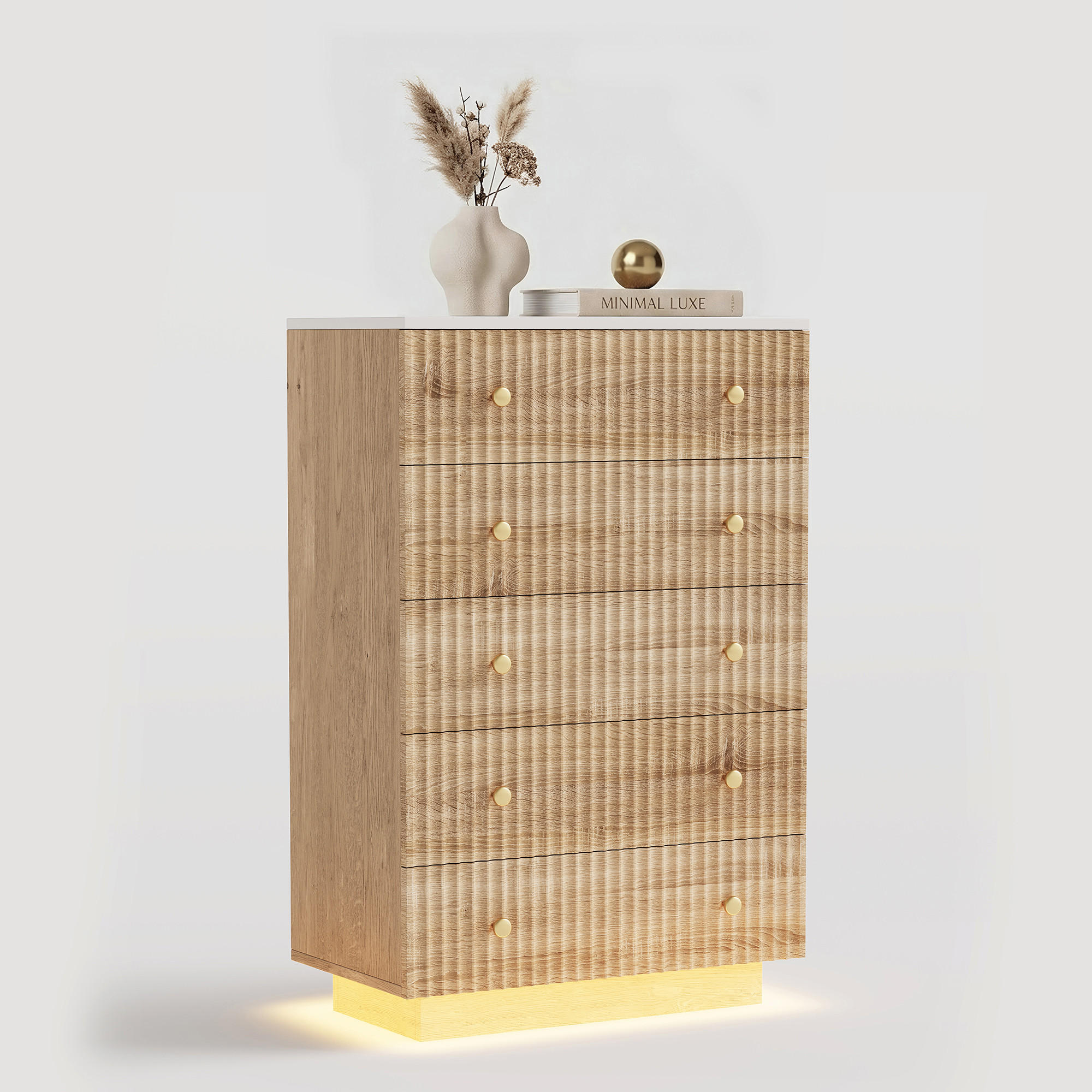 KOMMODE 5 Schubladen, Holz natur, LED, leise Schubladen, Metallführungen, Anti-Kipp - Naturfarben, Holz (73/111/40cm) - EuroLiving