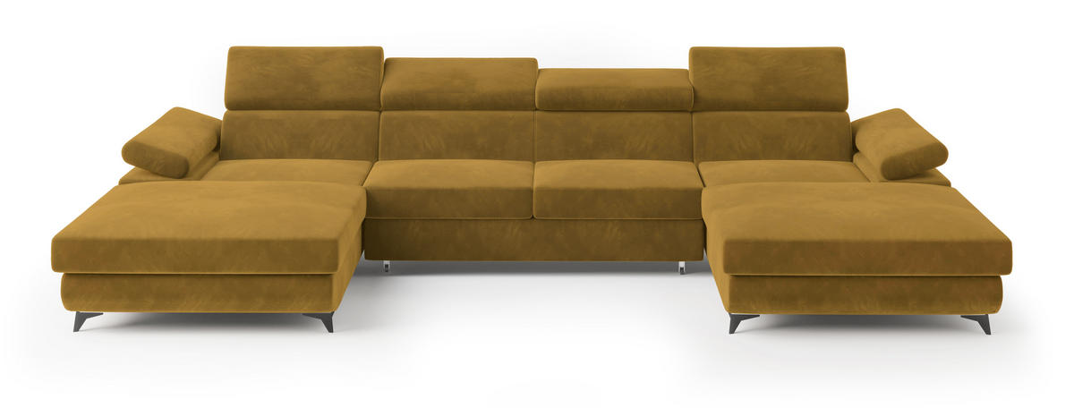 WOHNLANDSCHAFT DETTI Gelb Velours-Stoff mit Schlaffunktion - Gelb, Holz (339/89/190cm) - MASSENO