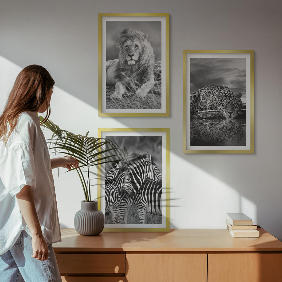 WANDBILDER 3er Set - 40x60 cm Goldrahmen - Wildtiere der Savanne - Goldfarben, Kunststoff (40/60cm) - ArtPrintCave