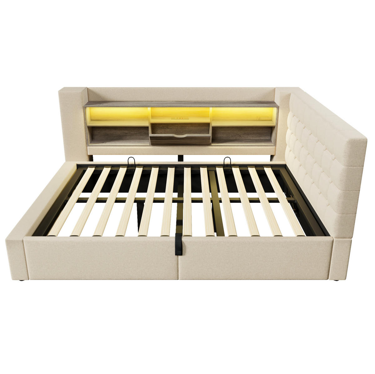 POLSTERBETT aus Leinenstoff 140x190 cm Beige mit LED-Beleuchtung, Ladeanschlüssen und Stauraum - Beige, Textil (140/190cm) - IVMEU