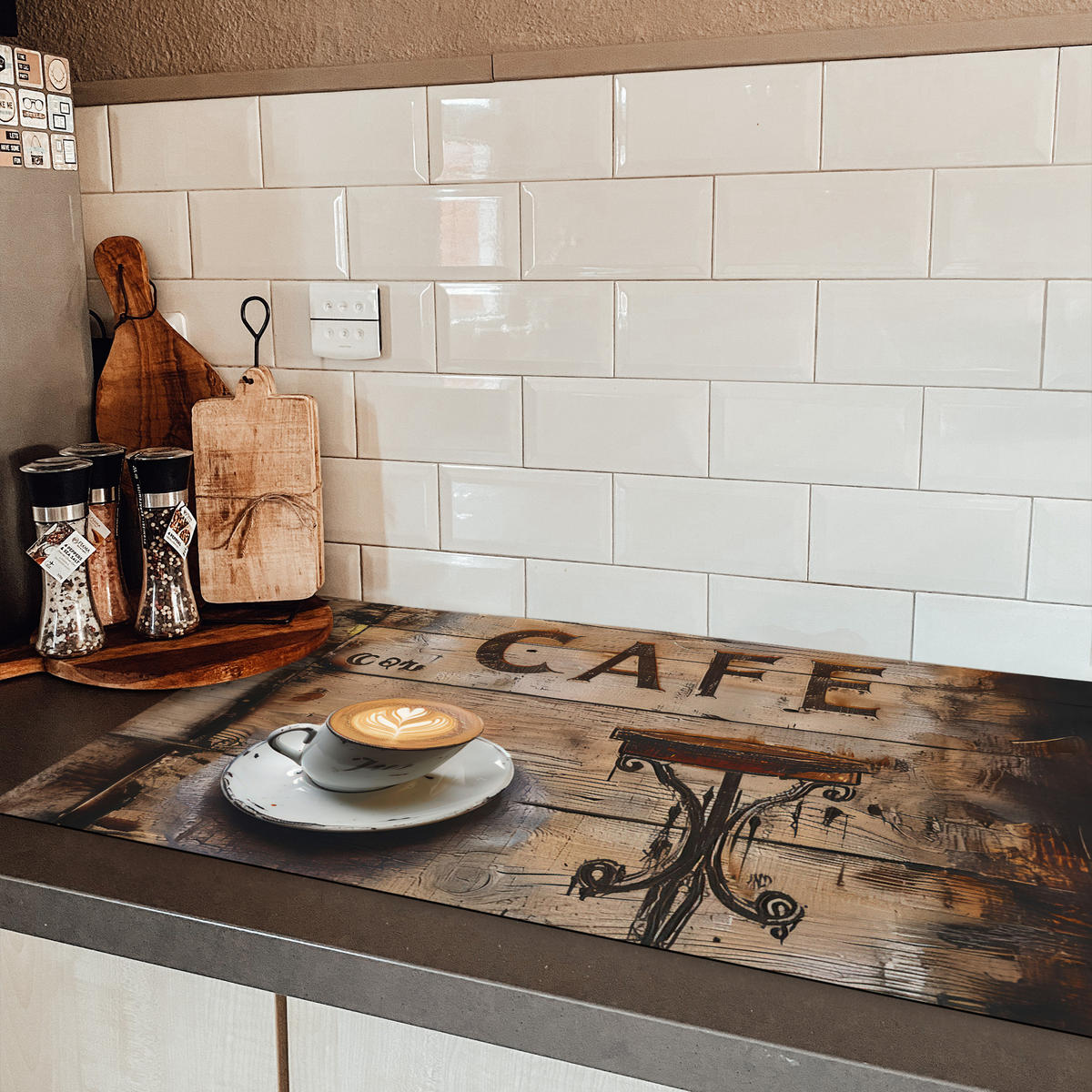 HERDABDECKPLATTE Cafe - Holz - Kaffee - Regale Induktionsschutz 91.2x52 cm - Schwarz, Kunststoff (91.2/52/0.2cm) - MuchoWow