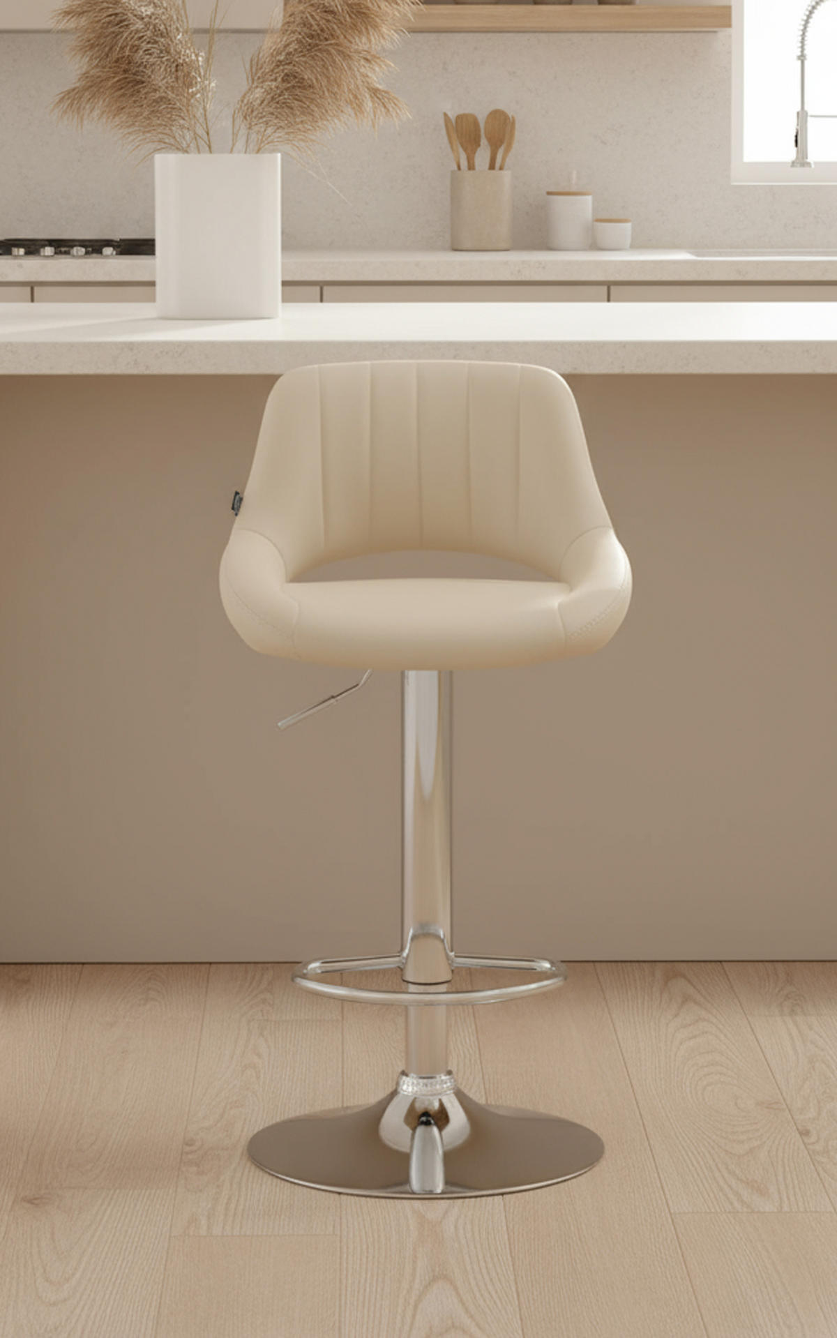 BARHOCKER Milos Kunstleder chrom creme - Chromfarben/Naturfarben, Kunststoff/Metall (47/106/48cm) - TPFLiving