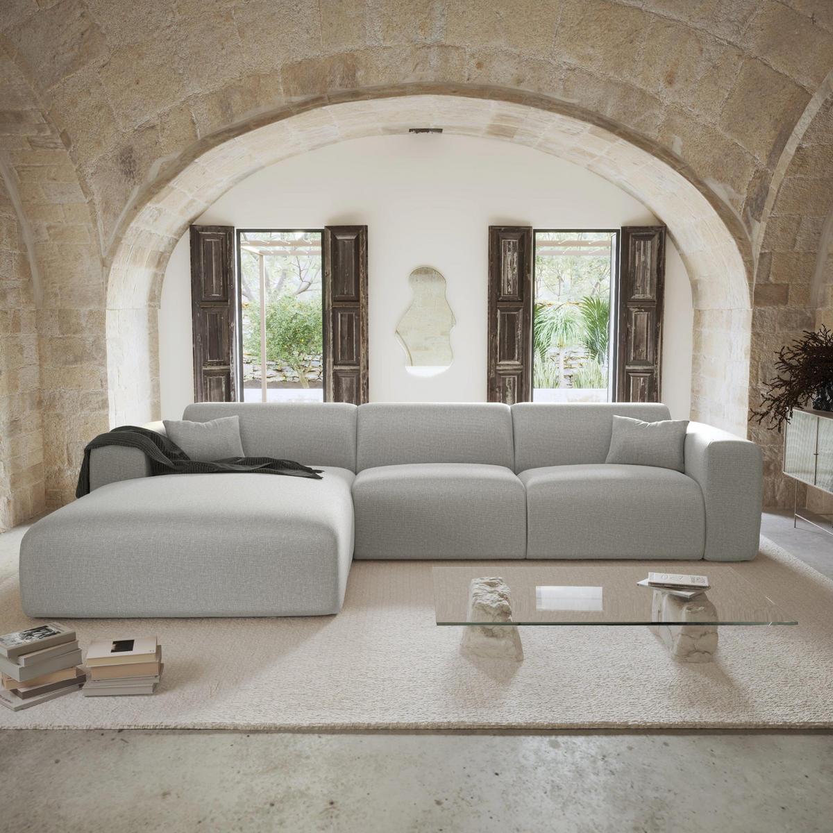 ECKSOFA LINKS SCHLAFSOFA Rastergewebe Hellgrau 280cm - Hellgrau/Grau, Textil (165/280cm) - Sia Home