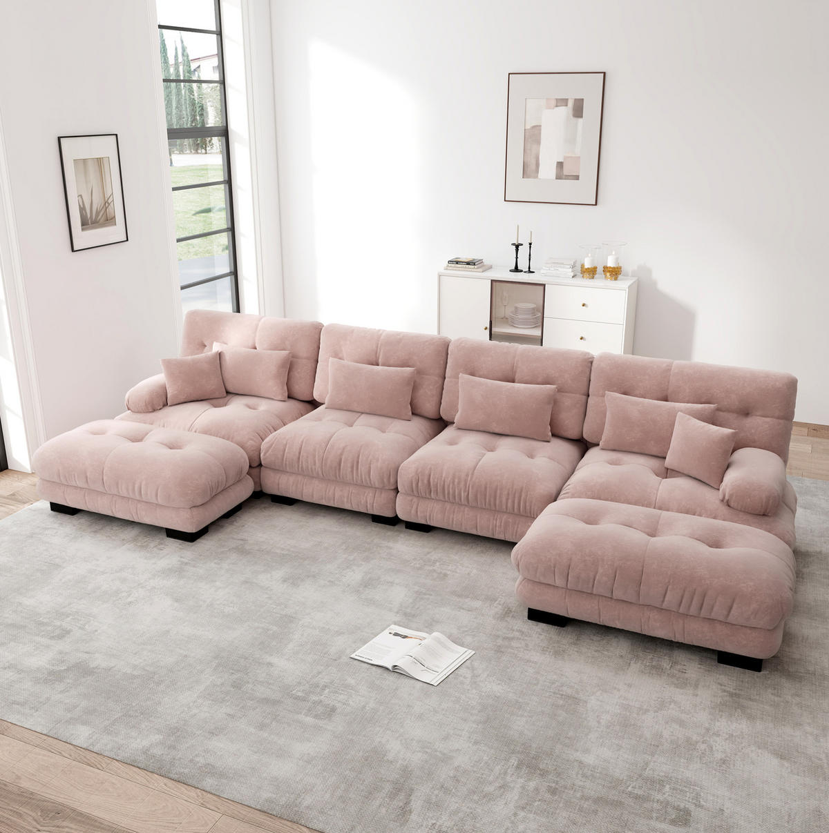 MODULARES Ecksofa mit beweglichen Ottomane, Chenille und flexiblem Aufbau, Rosa - Pink, Textil (406/145cm) - Redom