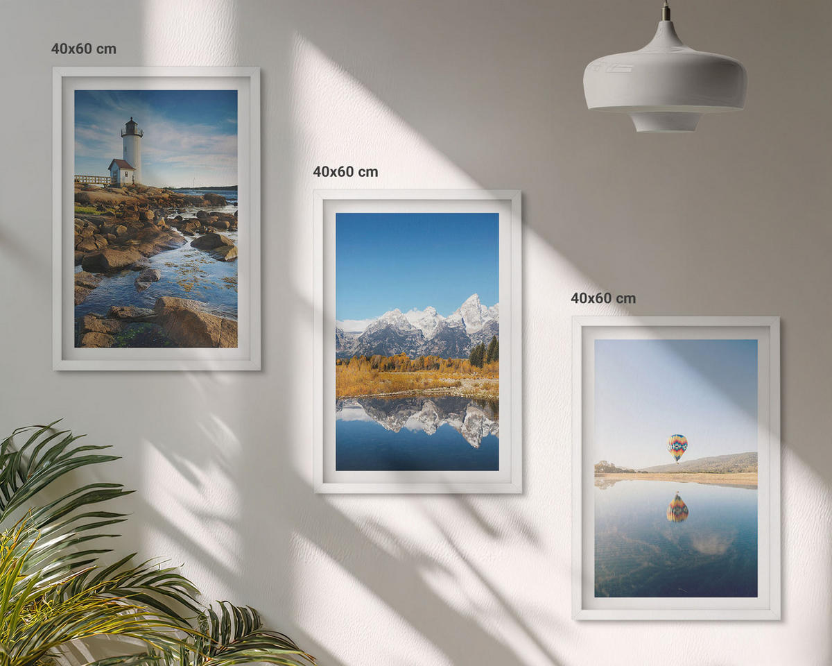 WANDBILDER 3er-Set - 40x60 cm Weißer Rahmen - Naturansichten, Leuchtturm, Berge, Ballonfahrt - Weiß, Kunststoff (40/60cm) - ArtPrintCave