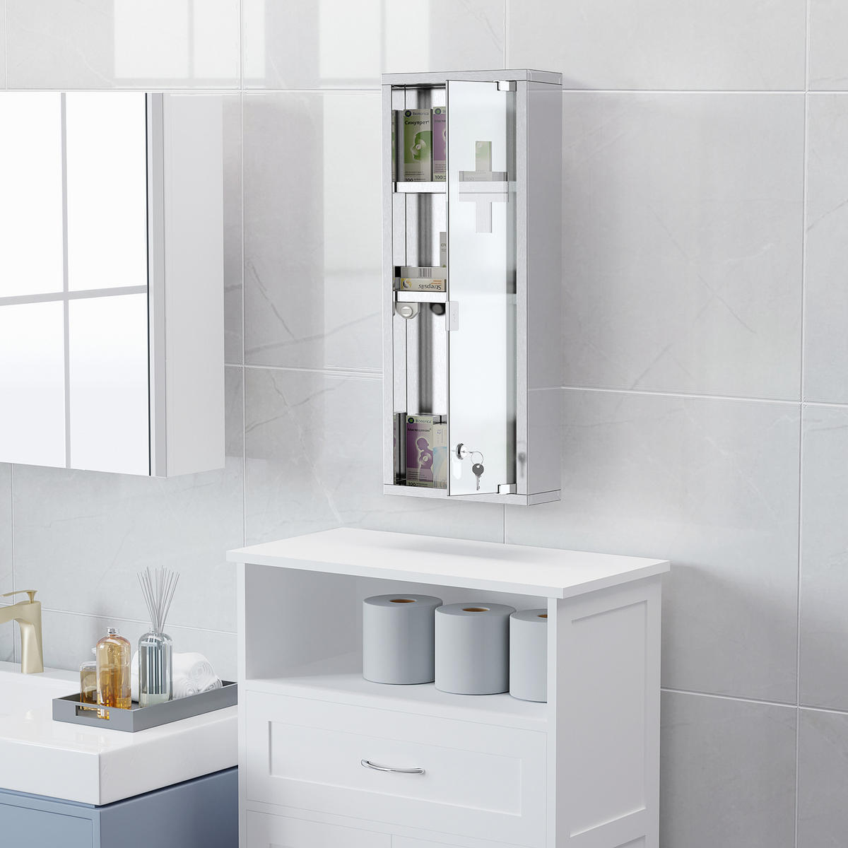 MEDIZINSCHRANK, Mattglas, 430 Edelstahl+gehärtete Glastür, Silber - Silberfarben, Glas (12/58/20cm) - Kleankin