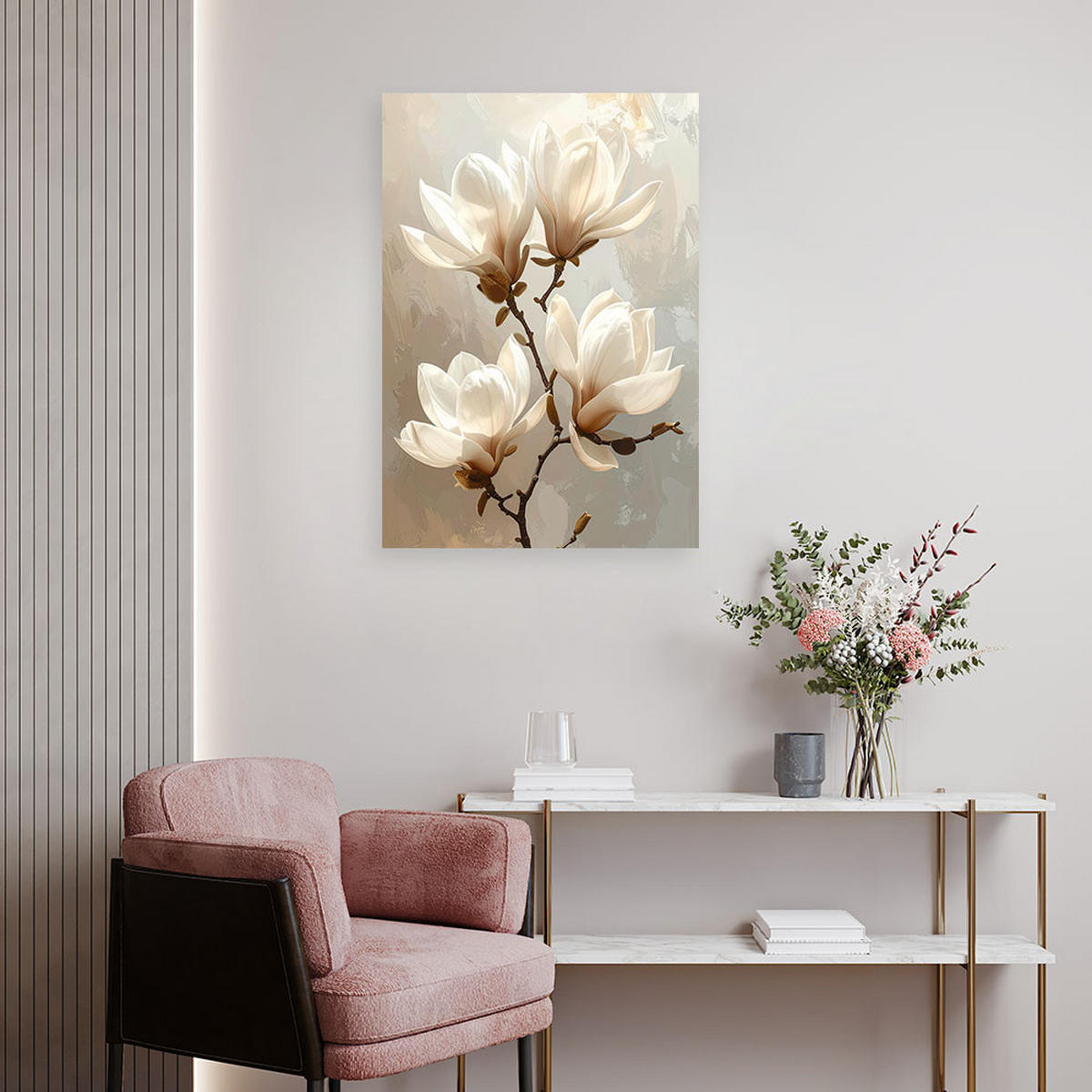 WANDBILD, Weiße Magnolien auf beigem Hintergrund in einer subtilen Komposition - Weiß, Textil (40/60cm) - Feeby