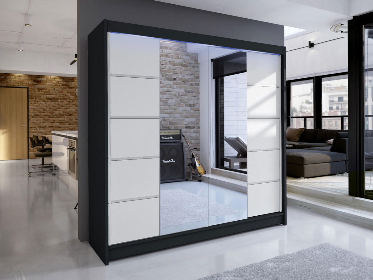 SCHWEBETÜRENSCHRANK Talin V, mit RGB LED Beleuchtung - Klar/Silberfarben, Holzwerkstoff/Metall (180/215/58cm) - MIRJAN24