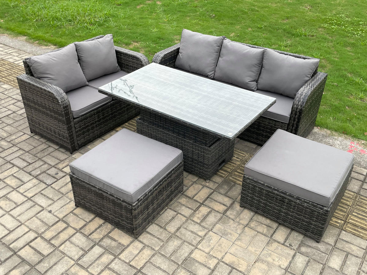 GARTENSOFA-SET MIT HÖHENVERSTELLBAREN ESSTISCH Polyrattan 7-Sitzer - Dunkelgrau/Grau, Glas/Kunststoff - Fimous