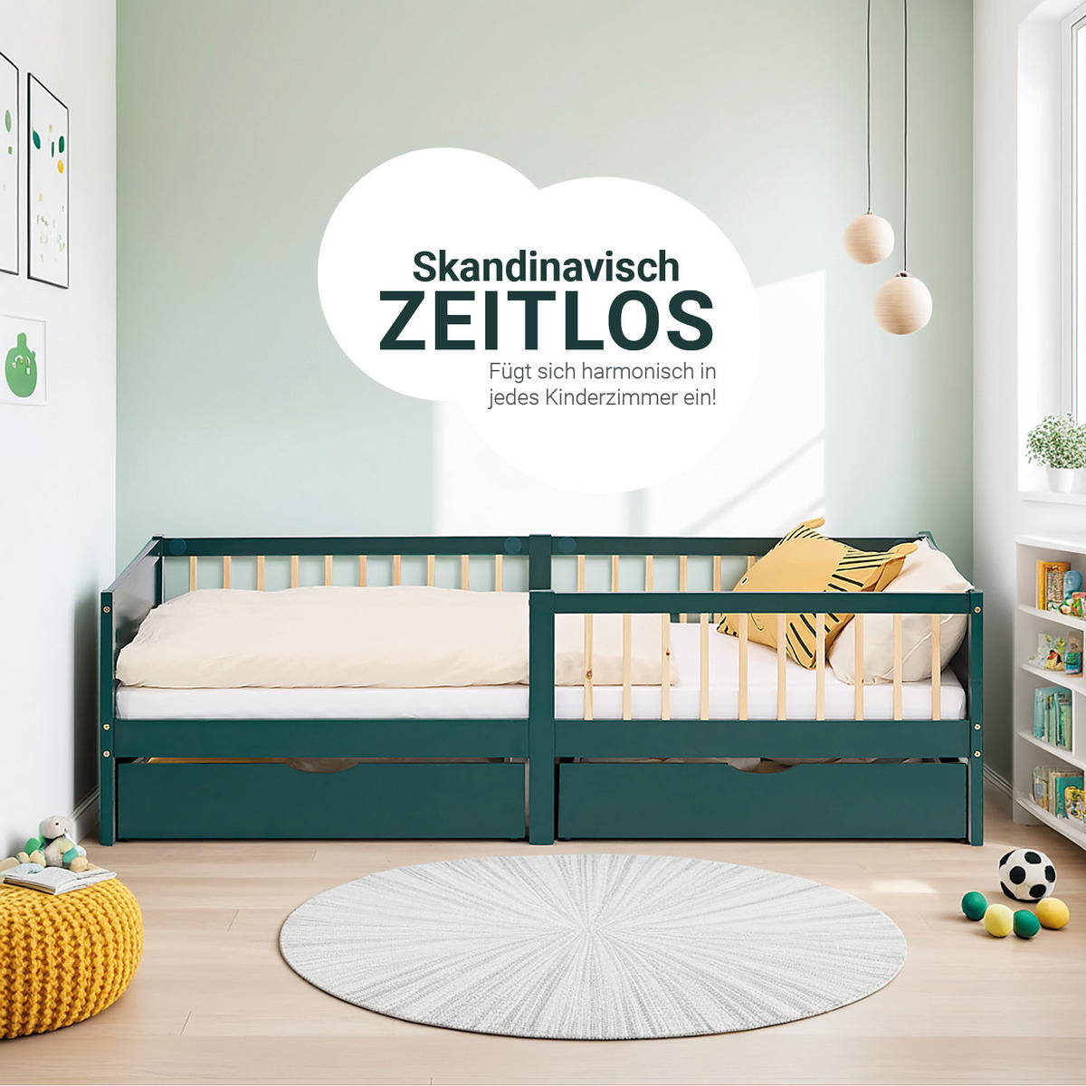 KINDERBETT Grün 90/200 Matratze 2 Bettkästen Rausfallschutz - Grün, Holz (90/200cm) - Homestyle4u