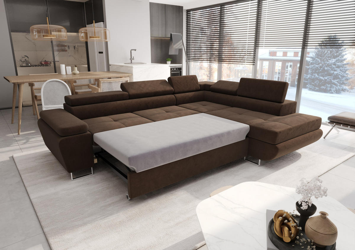 ECKSOFA KONGO RBN04, Eckcouch in L-Form mit Schlaffunktion, Farbe: Schwarz, Kunstleder, Ottomane Rechts - Schwarz, Textil (272/200cm) - O-Sofa