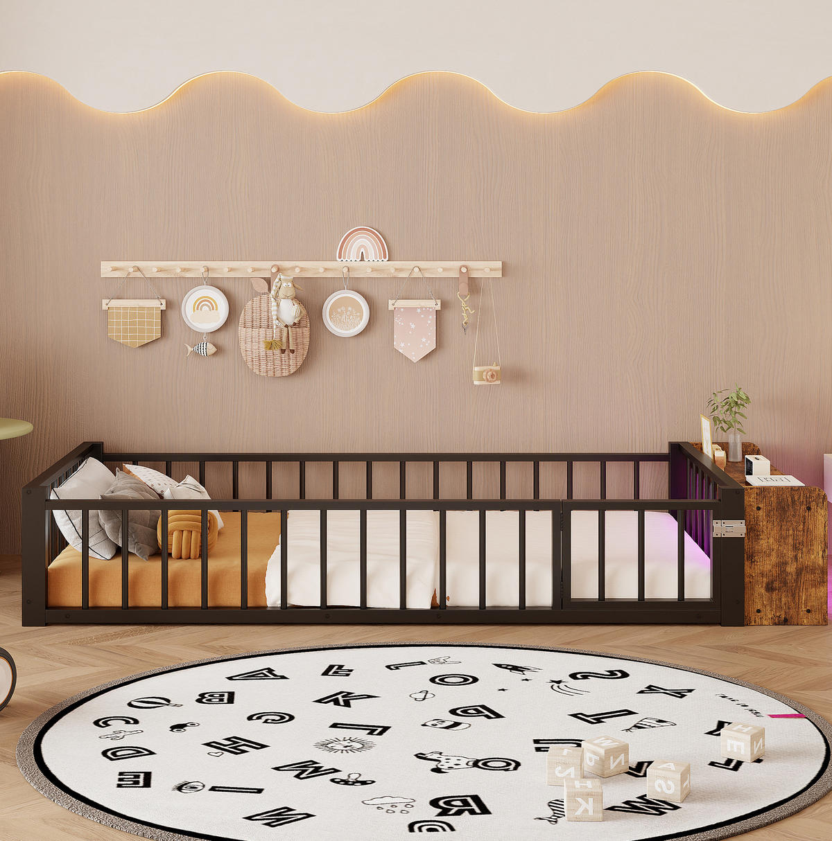 KINDERBETT 90/200 cm aus Metall mit Schutzgeländer und LED-Beleuchtung - Schwarz, Holzwerkstoff (90/200cm) - Flora Grace