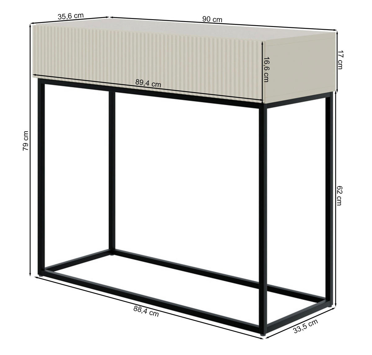 KONSOLENTISCH Veldio mit Schublade und geriffelter Front, Schwarz mit goldenen Beinen, 90 cm - Goldfarben/Schwarz, Holzwerkstoff/Metall (35.6/90/79cm) - Selsey