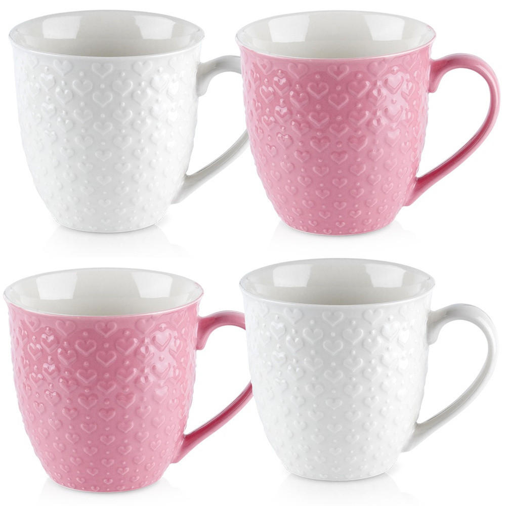 KERAMIKBECHER-SET HERZ, Keramik, rosa/weiß, 4 Stk., 580 ml - Weiß, Keramik (0.58L) - Orion 