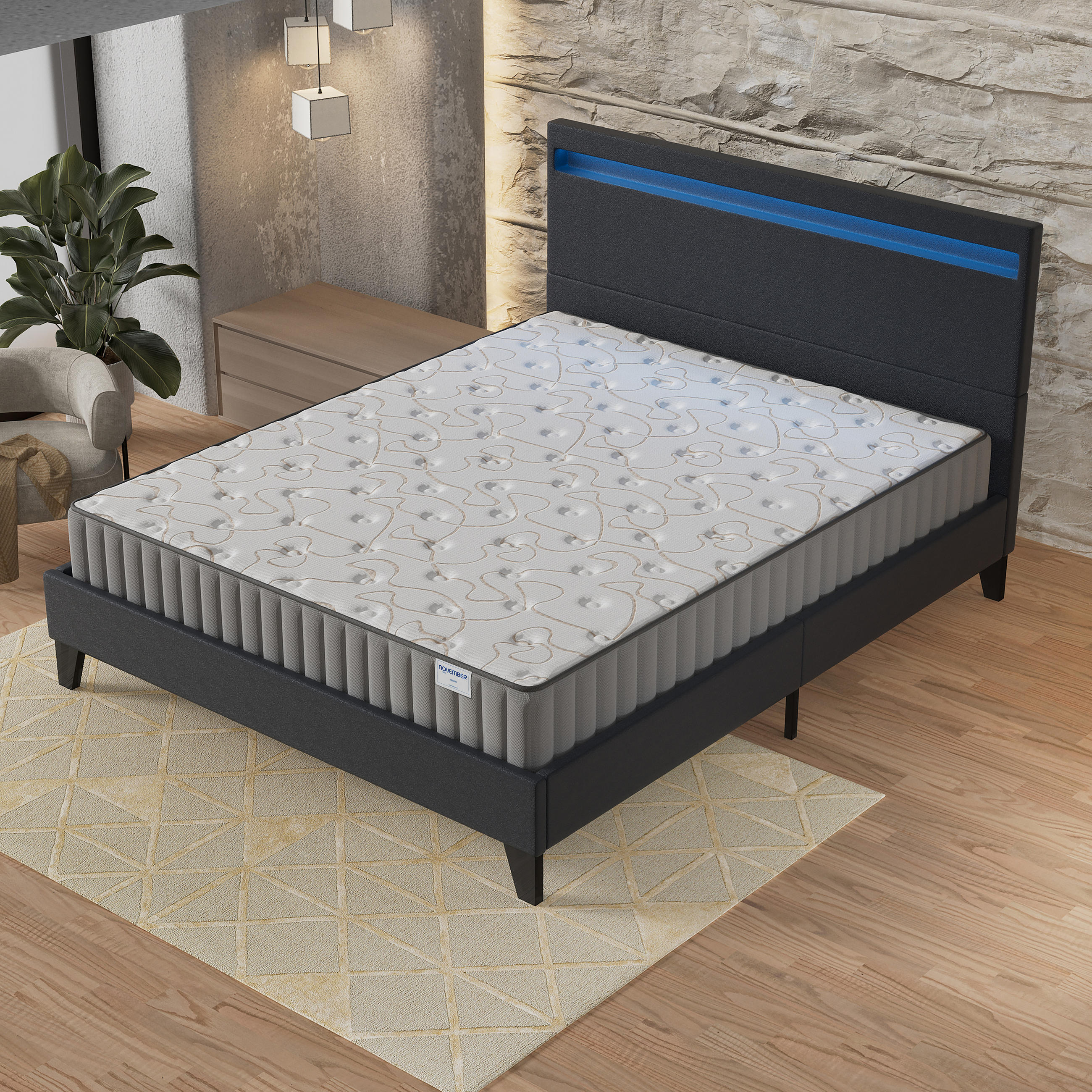 POLSTERBETT und MATRATZE - 120 x 190 cm -Memory-Schaum-Visco - 16cm dick - Schwarz, Naturmaterialien/Holz (120/190cm) - November Sleep