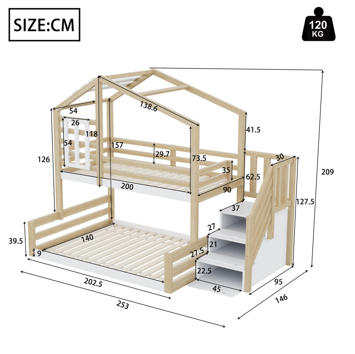 HAUSBETT 90/200 & 140/200 cm aus Kiefernholz mit Treppe und Stauraum - Naturfarben, Holz (90/200cm) - BEAOK
