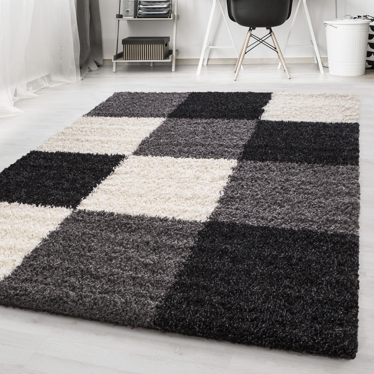 TEPPICH Hochflor Karo Polypropylen Wohnzimmer Shaggy Schwarz Rechteckig 120x170 - Schwarz, Textil (120/170cm) - KADIMA DESIGN