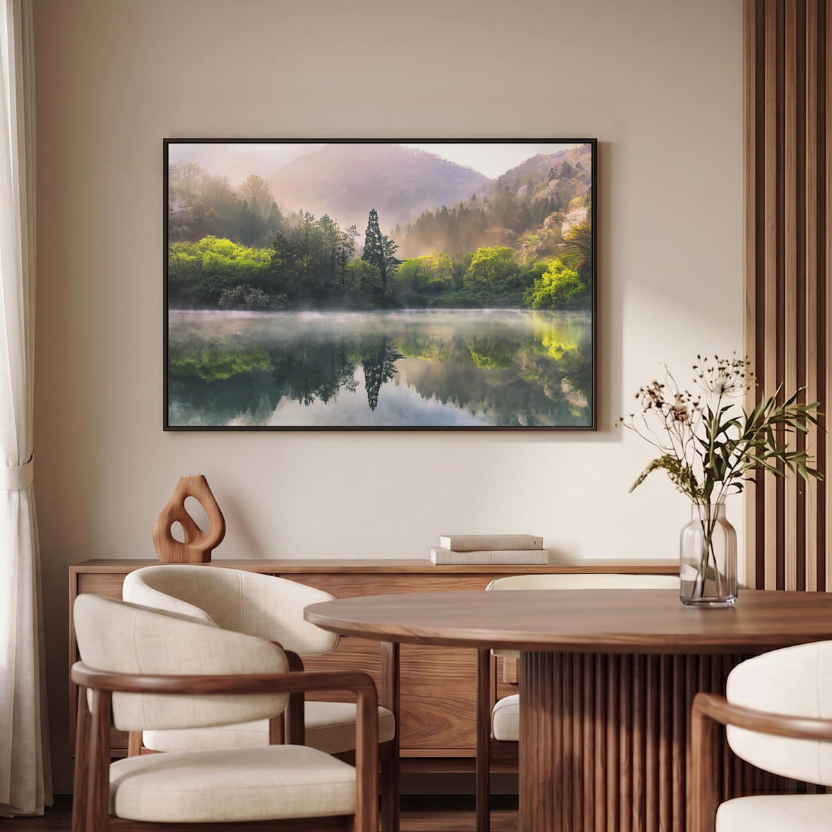 LEINWAND Bilder mit Rahmen - Natur - Bäume - Berge - See - Wasser - 90x60 - Hellgrün, Textil (90/60cm) - MuchoWow