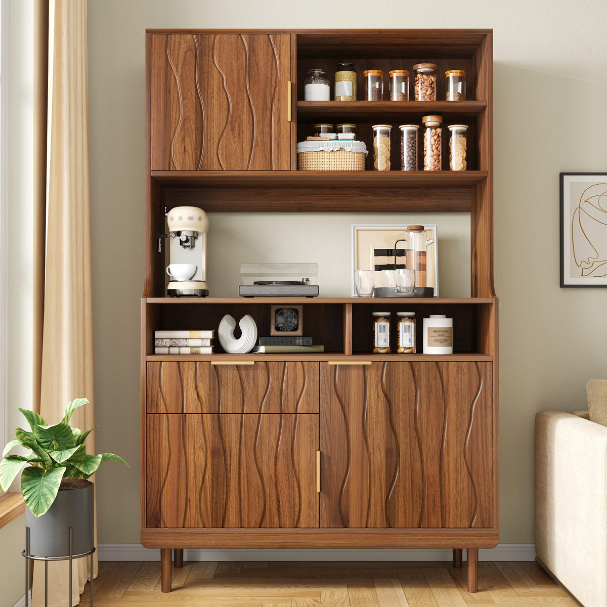 BUFFET DE-38333 100/32/170 cm mit Wellenstruktur-Front Nussbaum - Walnussfarben, Holzwerkstoff (100/170/32cm) - ComfortXL