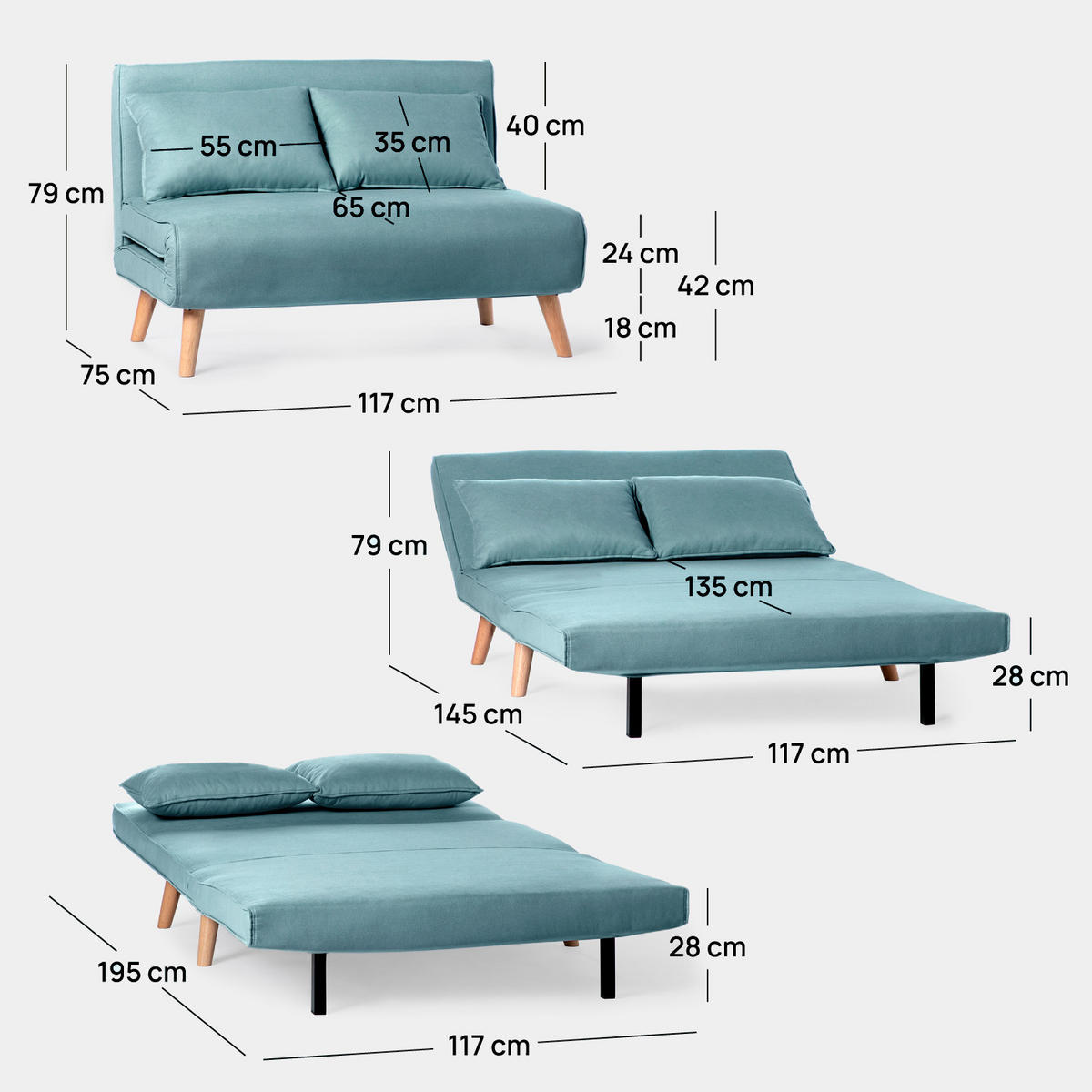 SCHLAFSOFA Noa Blau 117 cm x 79 cm - Blau, Textil (117/79/75cm) - Klast Home