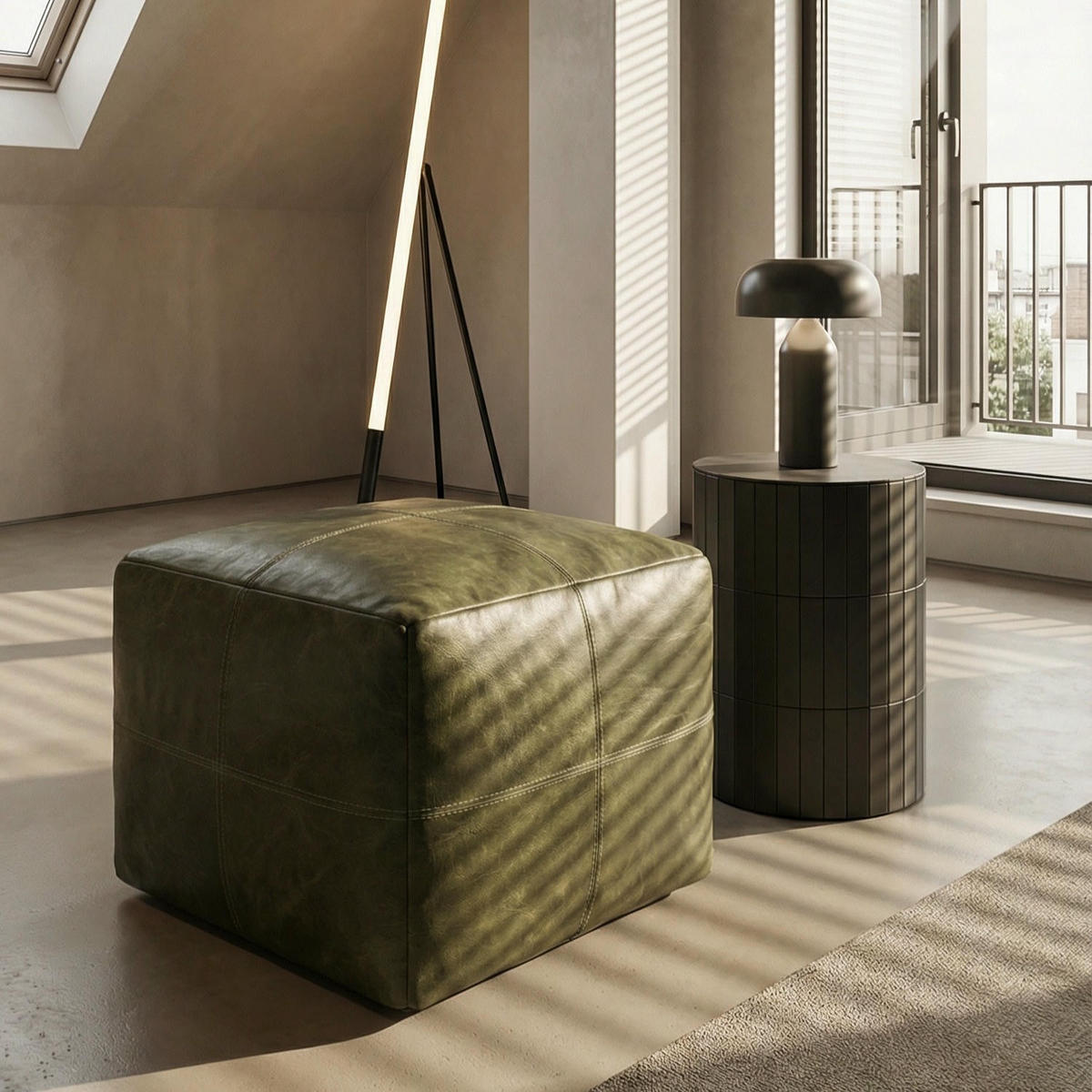 POUF 50/50/45 cm Echtleder Olivgrün - Grün, Leder (50/45/50cm) - Furnhouse