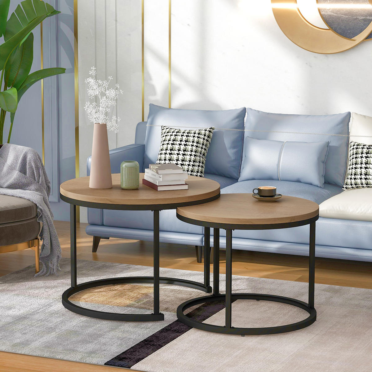 COUCHTISCH 2er-Set 70,5/50 und 44/45,5 cm in Eichefarben mit Metallgestell - Naturfarben, Holzwerkstoff (70.5/70.5/50cm) - Flora Grace