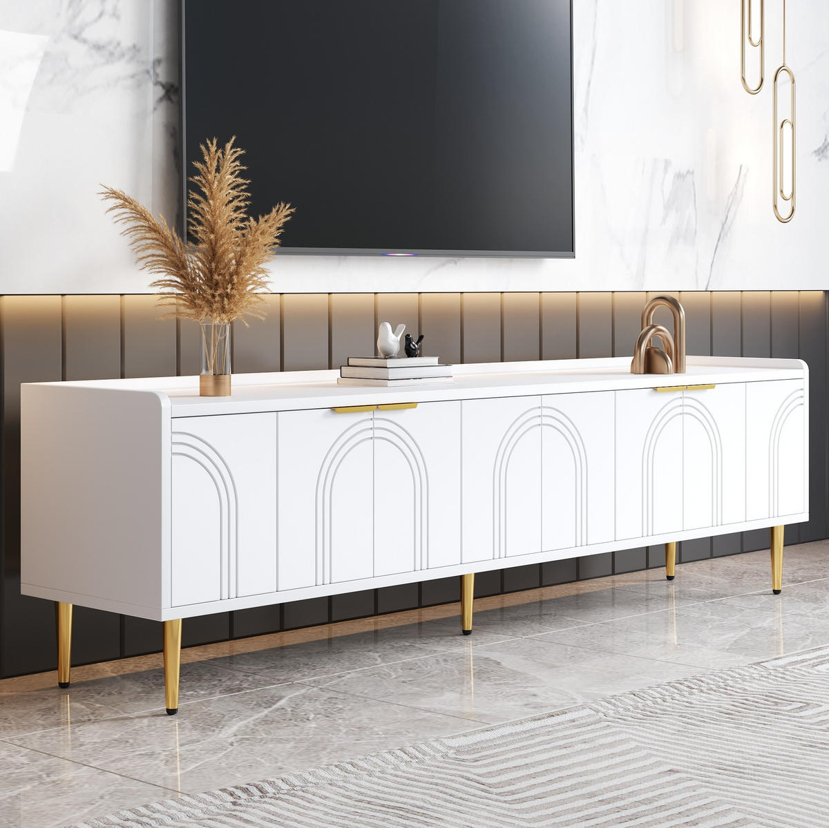 TV-LOWBOARD aus MDF 170x35x47,5 cm Weiß mit Stauraum, Kabeldurchführung und goldfarbenen Metallfüßen - Weiß, Holzwerkstoff (170/47.5/35cm) - IVMEU