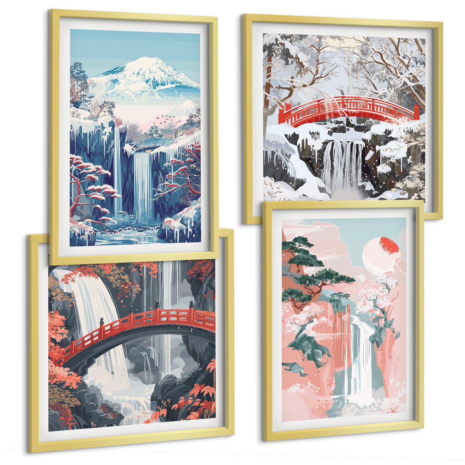 BILDER SET 4er Set - 50x50 cm & 40x60 cm Goldrahmen - Wasserfälle, Berge, Brücken, Bäume - Goldfarben, Kunststoff (50/50cm) - TULUP