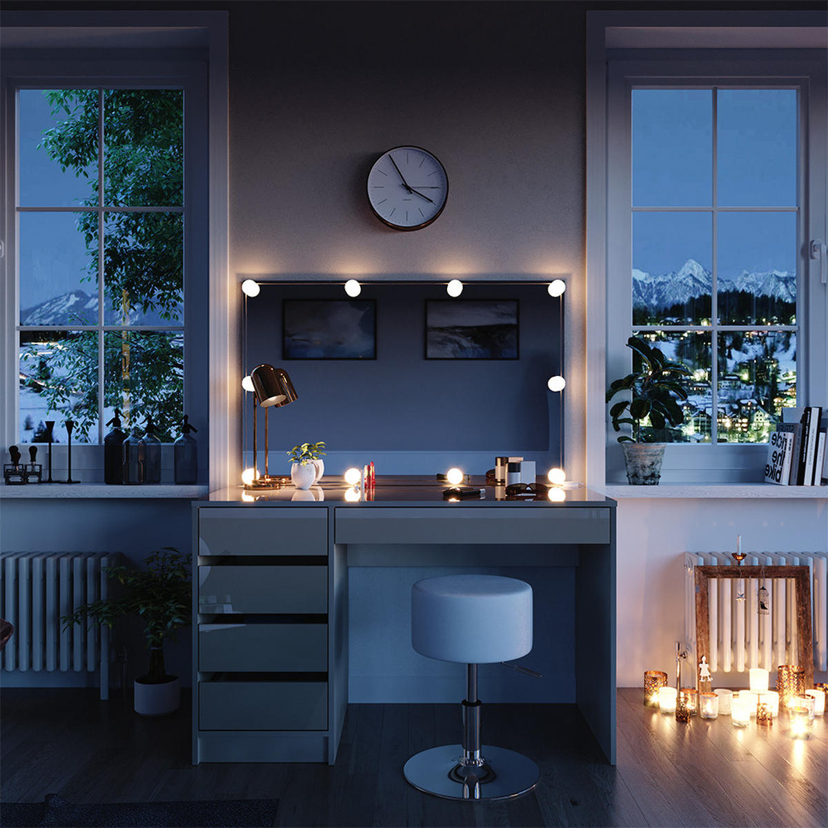 SCHMINKTISCH Sherry Greige 120 cm mit LED Beleuchtung und Hocker - Greige, Holzwerkstoff (120/75/55cm) - Vicco