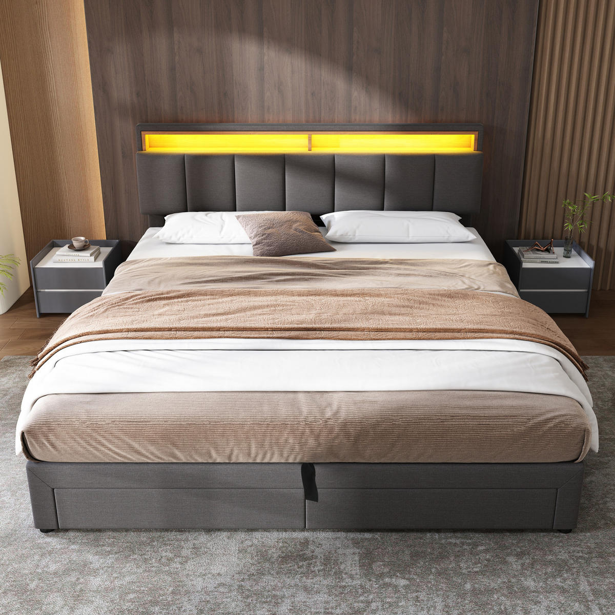 POLSTERBETT 160/200 cm grau Leinen mit Stauraum RGB LED - Grau, Holz