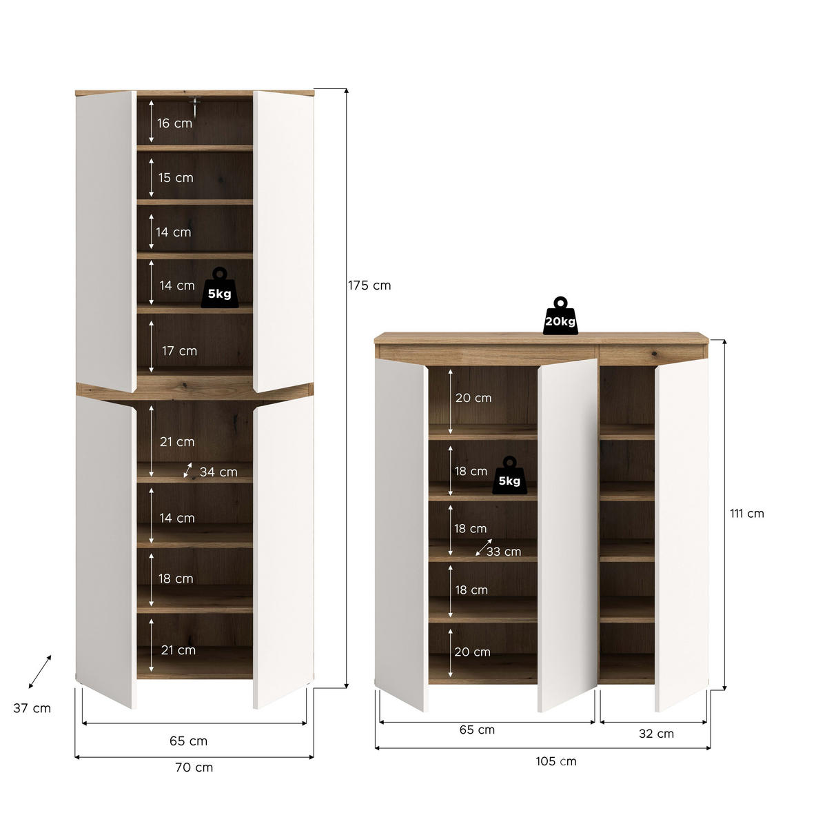 UNIVERSALSCHRANK SCARPA 2-tlg. (B/H/T: ca. 190/175/37 cm) in Evoke Oak Nachbildung/weiß - Eichefarben, Holzwerkstoff (190/175/37cm)