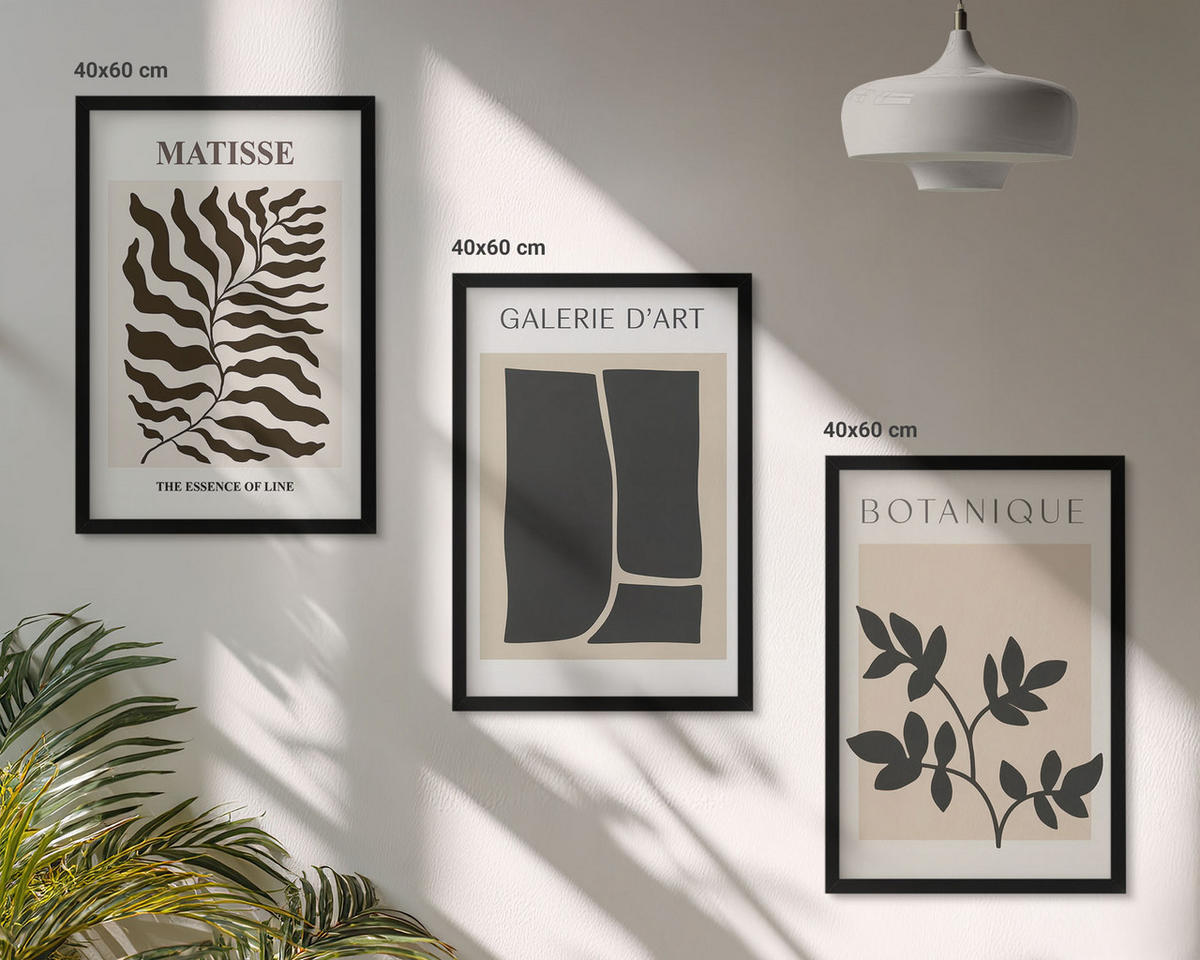 WANDBILDER 3er-Set - 40x60 cm Schwarzer Rahmen - Minimalistische Pflanzenposter - Schwarz, Kunststoff (40/60cm) - ArtPrintCave