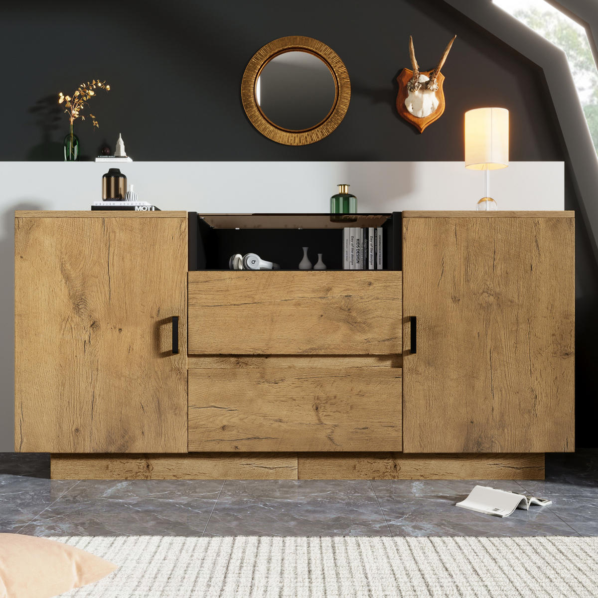 SIDEBOARD 140/40/70 cm in Eiche mit 2 Schubladen, ESG-Glas und offenen Fächern - Eichefarben, Glas (140/70/40cm) - Flora Grace