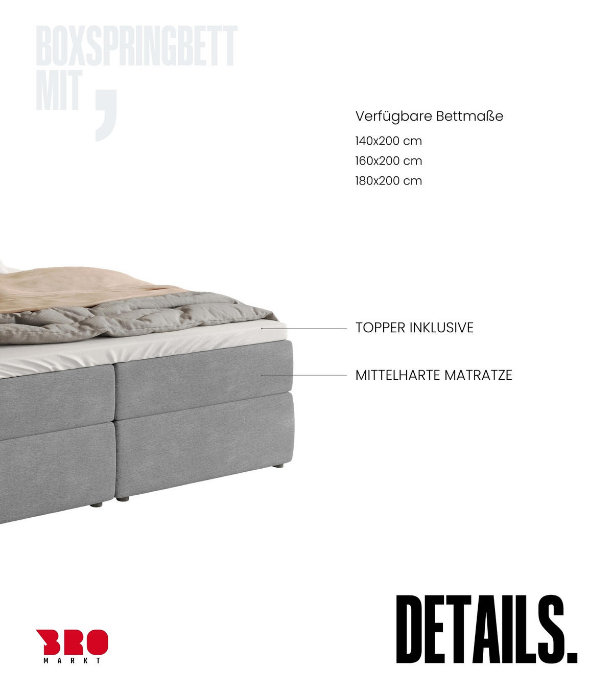 BOXBETT Dream mit Topper 140/200 Hellgrau - Hellgrau, Holzwerkstoff/Textil (140/200cm) - Bromarkt