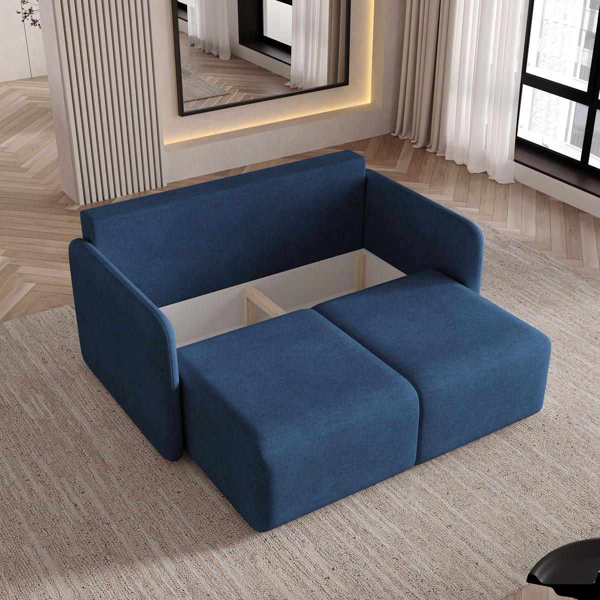 BETTSOFA SUVI II NV Blau Geflochtener Stoff mit Schlaffunktion - Blau, Textil (90/85/153cm) - MASSENO