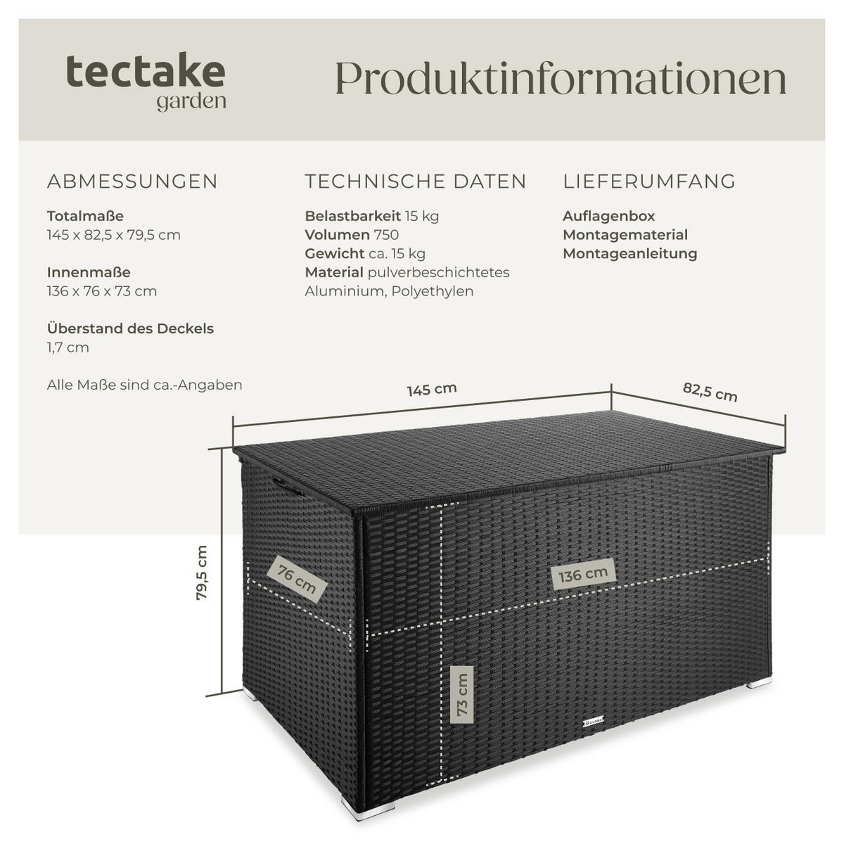 AUFLAGENBOX Oslo,145 x 82,5 x 79,5 cm,schwarz - Schwarz, Kunststoff (82.5/79.5/145cm) - tectake