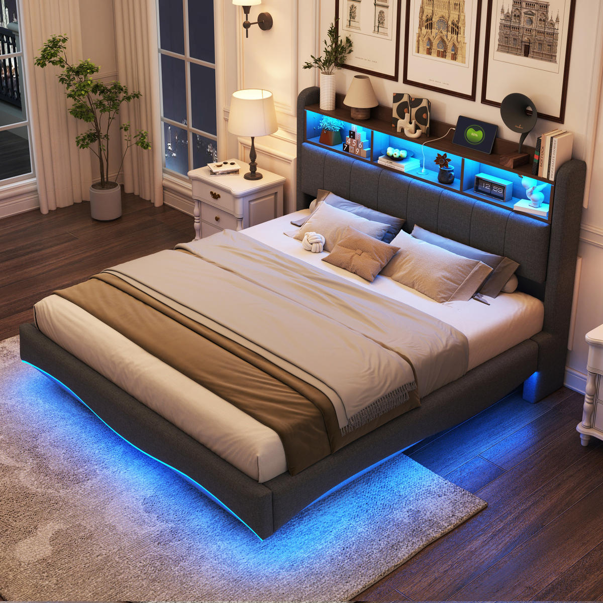 POLSTERBETT 160/200 cm Grau mit LED-Beleuchtung, Stauraum und USB- und Type-C-Anschlüssen - Grau, Textil (160/200cm) - Flora Grace