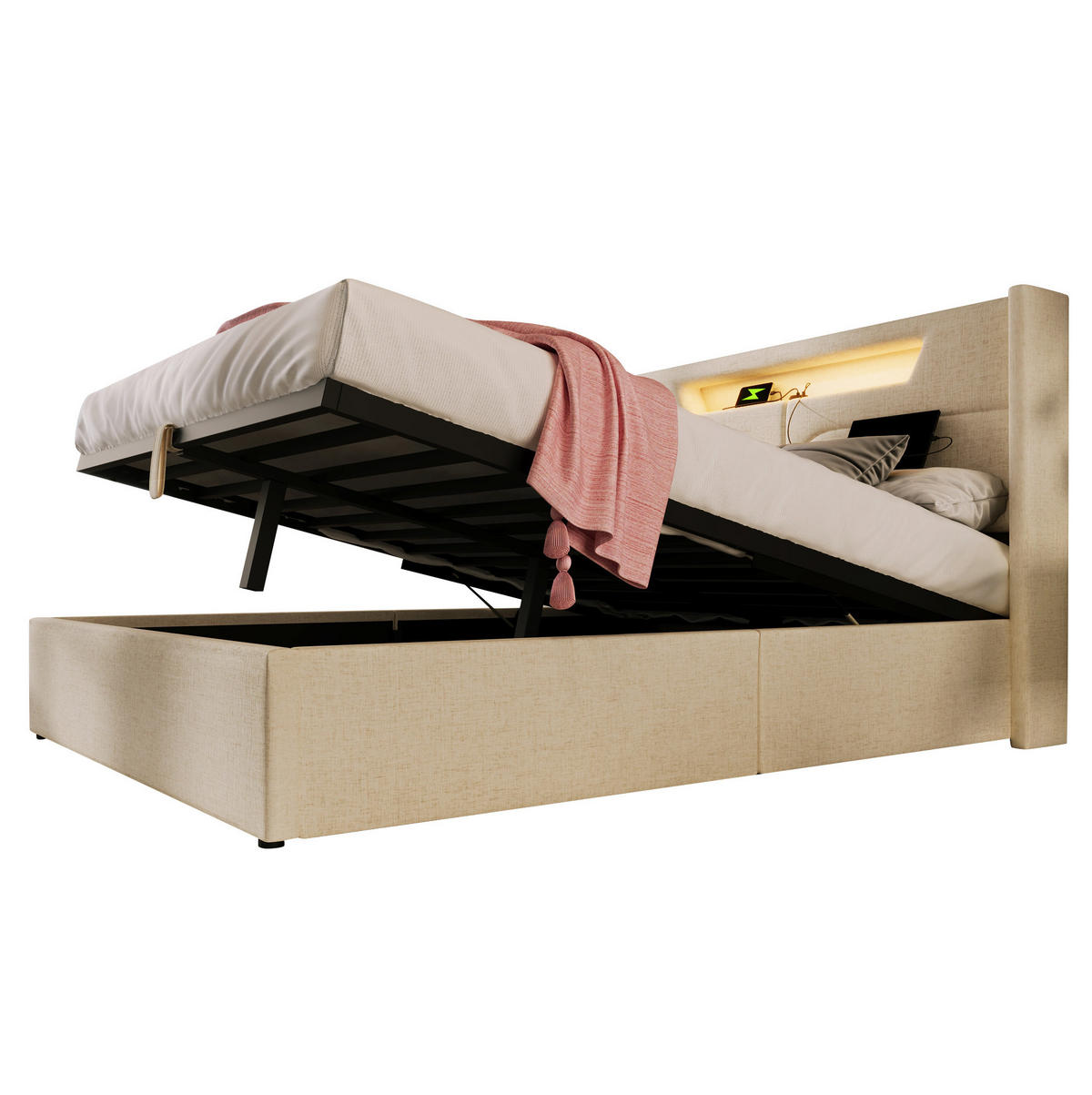 POLSTERBETT 160/200 cm Beige aus Leinen mit LED-Beleuchtung und USB-Anschluss - Beige, Textil (160/200cm) - OKMYHOME