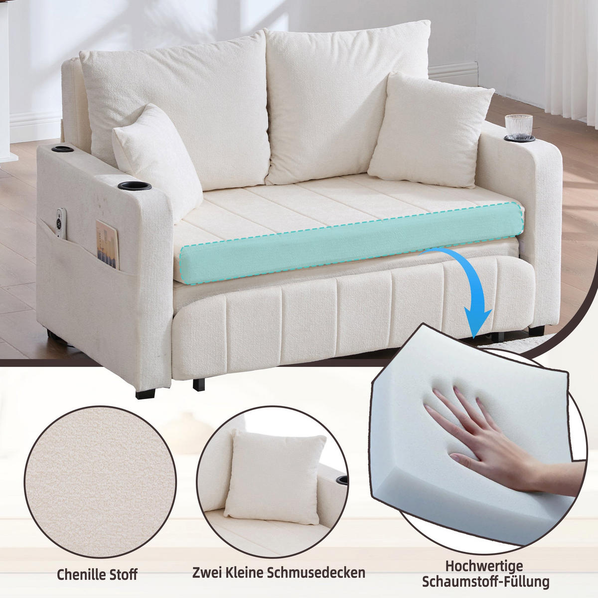 SCHLAFSOFA aus chenille mit bettfunktion, usb-anschluss & becherhaltern - Beige, Textil (139/83/73cm) - Urban Meuble