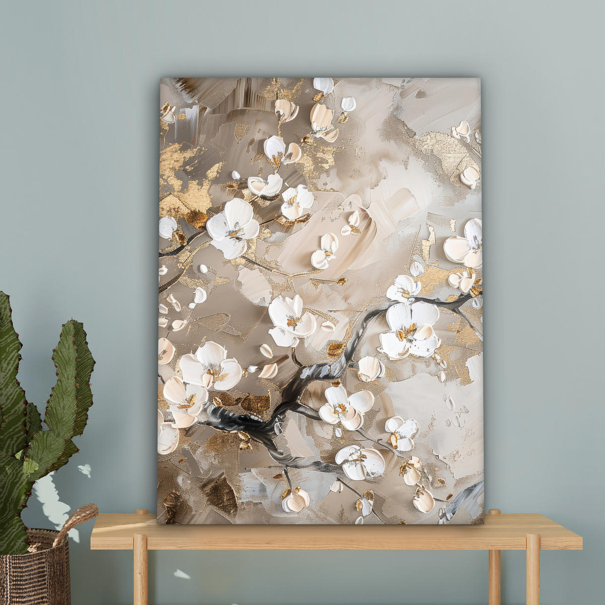 LEINWANDBILD - Blumen - Weiß - Gold - Beige - Luxus - 60x80 - Gemälde - Greige, Textil (60/80cm) - MuchoWow