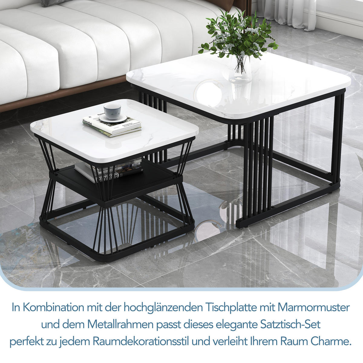 BEISTELLTISCH 2er Set Marmoroptik MDF Stahl Weiß Schwarz - Weiß, Holzwerkstoff (65/65/45cm) - FLIEKS