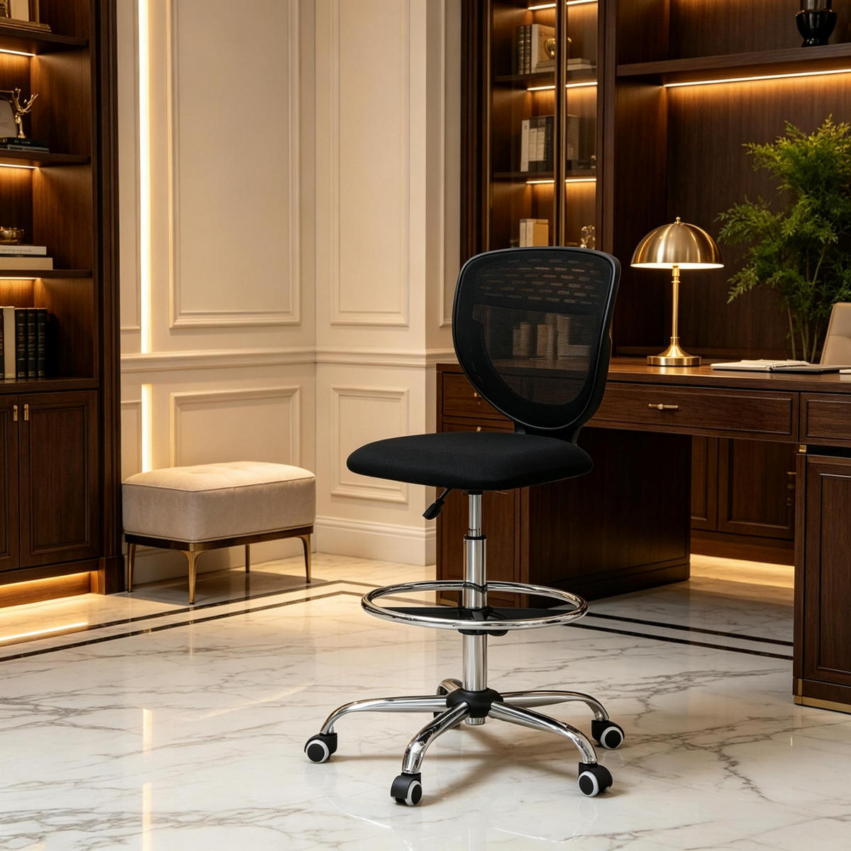 DREHSTUHL Ergonomischer höhenverstellbar mit Fußstütze - Schwarz, Leder (59/126/59cm) - Gisaae