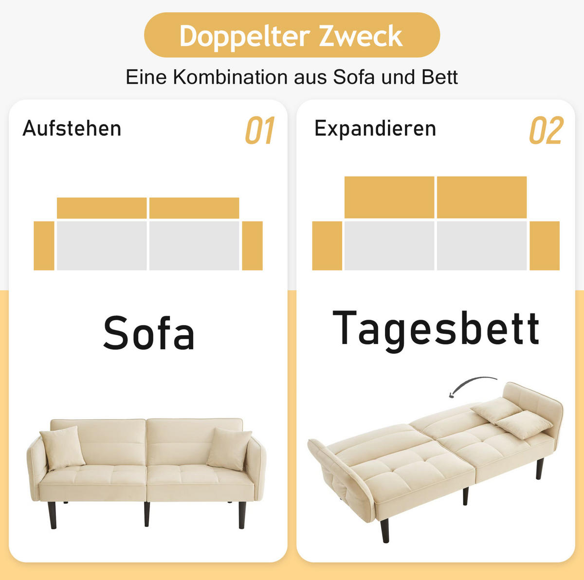 SCHLAFSOFA 2-Sitzer Samtbezug mit verstellbaren Rückenlehnen und klappbaren Armlehnen Beige 176/78/76 cm - Beige, Textil (78/76/176cm) - Redom
