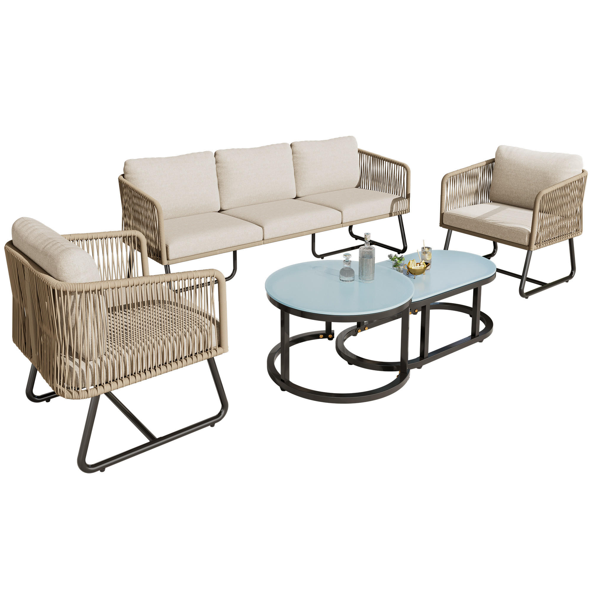GARTENLOUNGE-SET 5-teiliges Outdoor Lounge Set mit Tischplatte aus glattem Glas - Blau/Beige, Glas/Textil - STILVORA