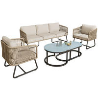 GARTENLOUNGE-SET 5-teiliges Outdoor Lounge Set mit Tischplatte aus glattem Glas - Blau/Beige, Glas/Textil - STILVORA