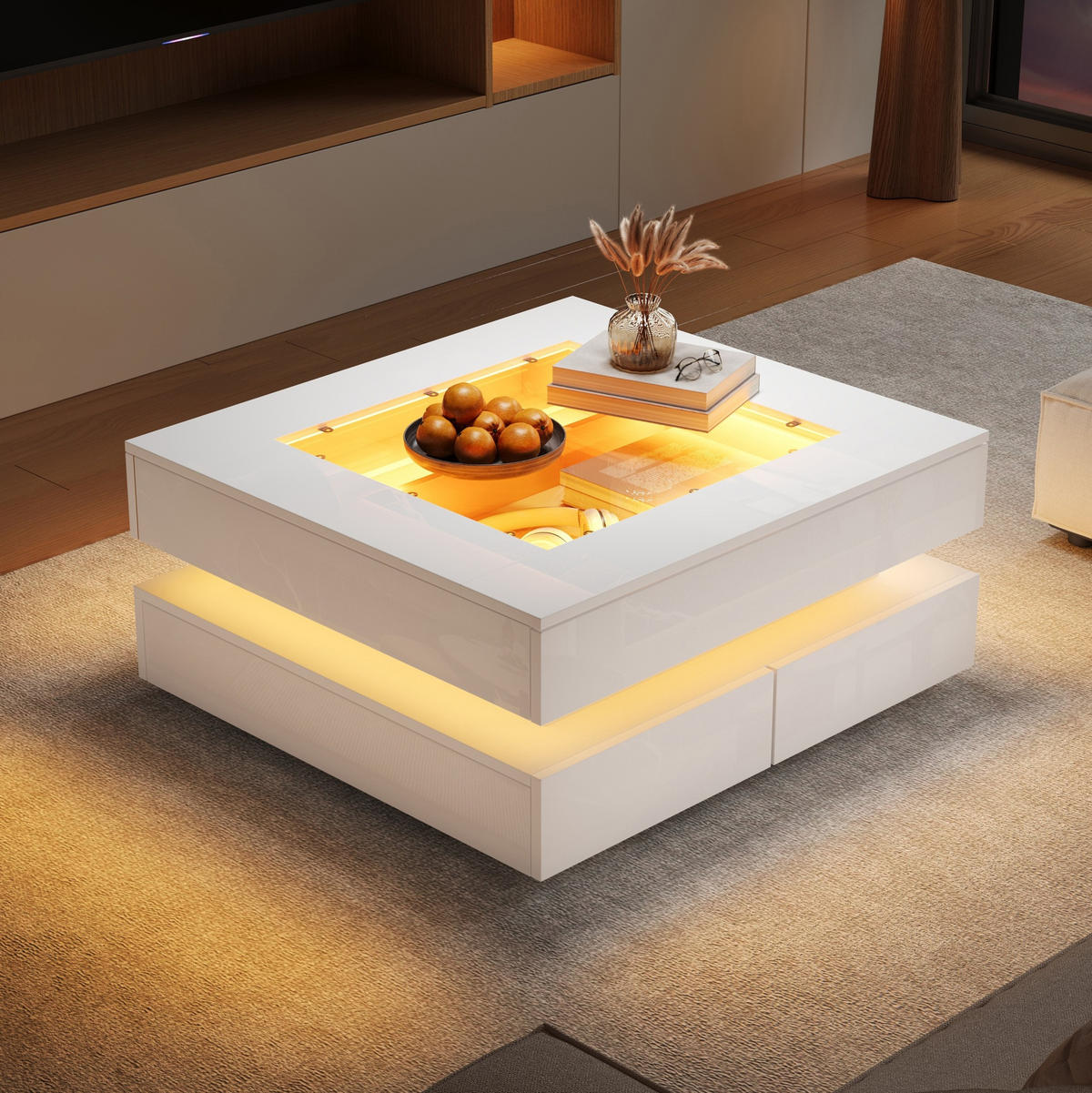 COUCHTISCH mit LED 70 x 70 x 35 cm Glas Weiß mit 3 Schubladen - Weiß, Glas (70/70/35cm) - Meubliv